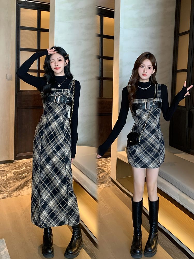 Long-Sleeve Mock Neck Knit Top / Plaid Midi Dungaree Dress / Set SpreePicky