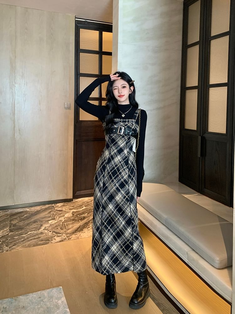 Long-Sleeve Mock Neck Knit Top / Plaid Midi Dungaree Dress / Set SpreePicky