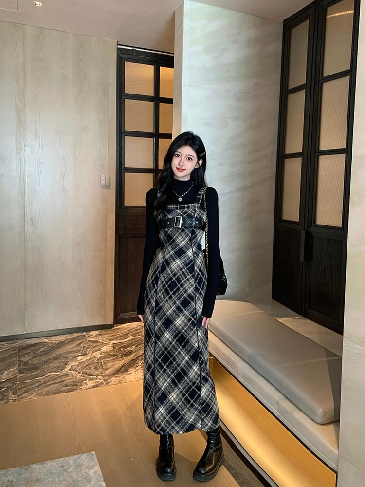 Long-Sleeve Mock Neck Knit Top / Plaid Midi Dungaree Dress / Set SpreePicky