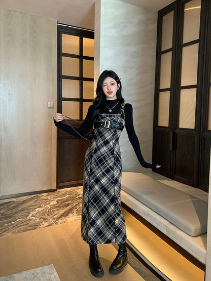 Long-Sleeve Mock Neck Knit Top / Plaid Midi Dungaree Dress / Set SpreePicky