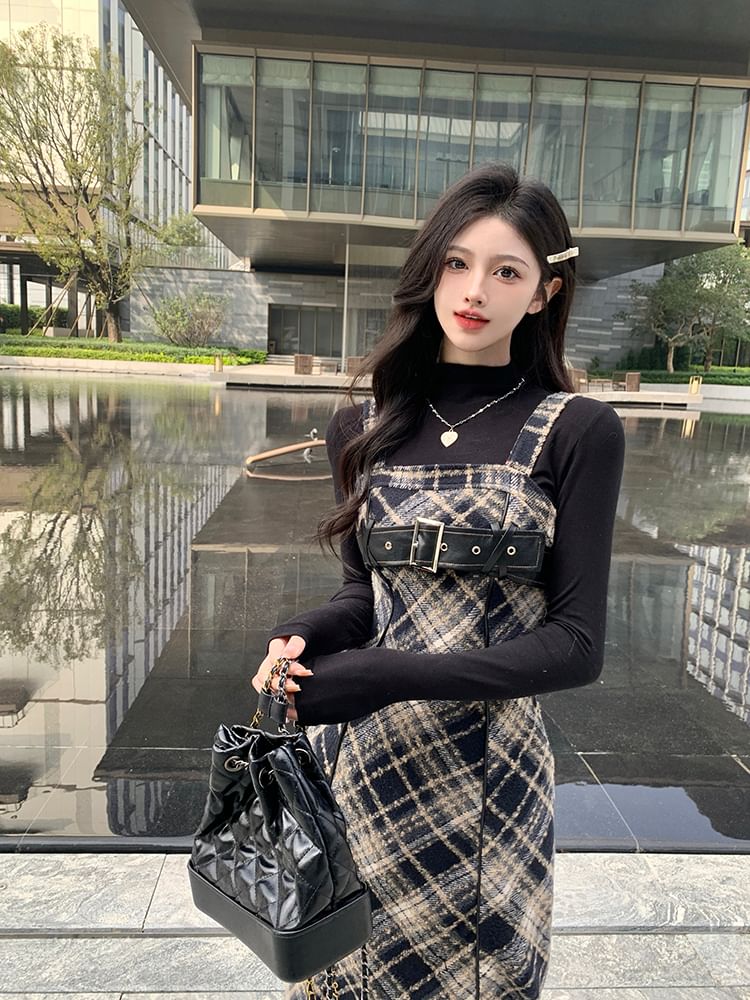 Long-Sleeve Mock Neck Knit Top / Plaid Midi Dungaree Dress / Set SpreePicky