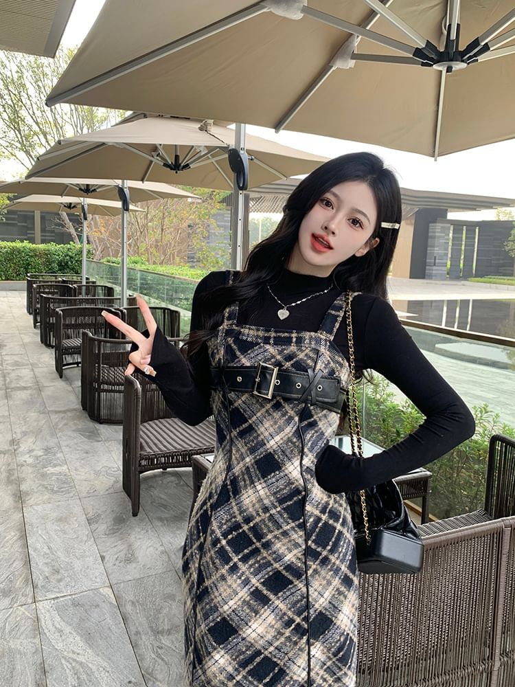 Long-Sleeve Mock Neck Knit Top / Plaid Midi Dungaree Dress / Set SpreePicky