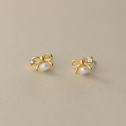 S925 Sterling Silver Bow Rhinestone Faux Pearl Stud Earring SpreePicky