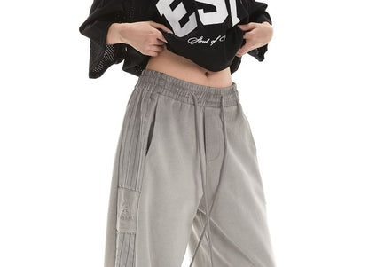 Low Waist Plain Striped Loose-Fit Wide-Leg Sweatpants SpreePicky