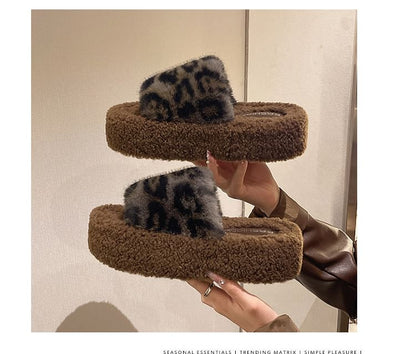 Leopard Print Fleece Slide Sandals SpreePicky