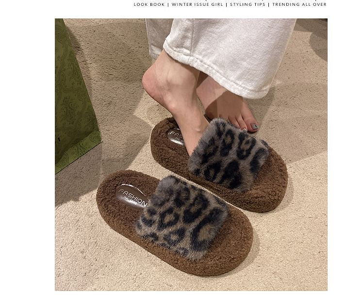 Leopard Print Fleece Slide Sandals SpreePicky