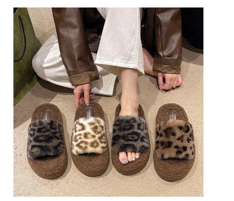 Leopard Print Fleece Slide Sandals SpreePicky