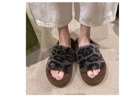 Leopard Print Fleece Slide Sandals SpreePicky