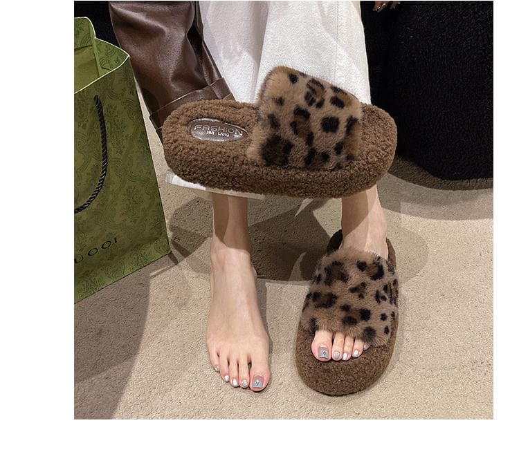 Leopard Print Fleece Slide Sandals SpreePicky