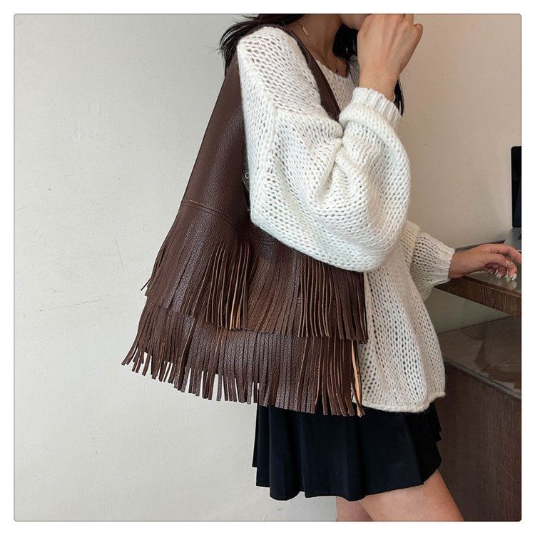 Tassel Faux Leather Tote Bag SpreePicky