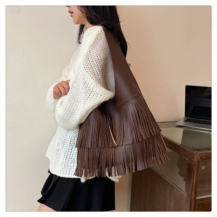 Tassel Faux Leather Tote Bag SpreePicky