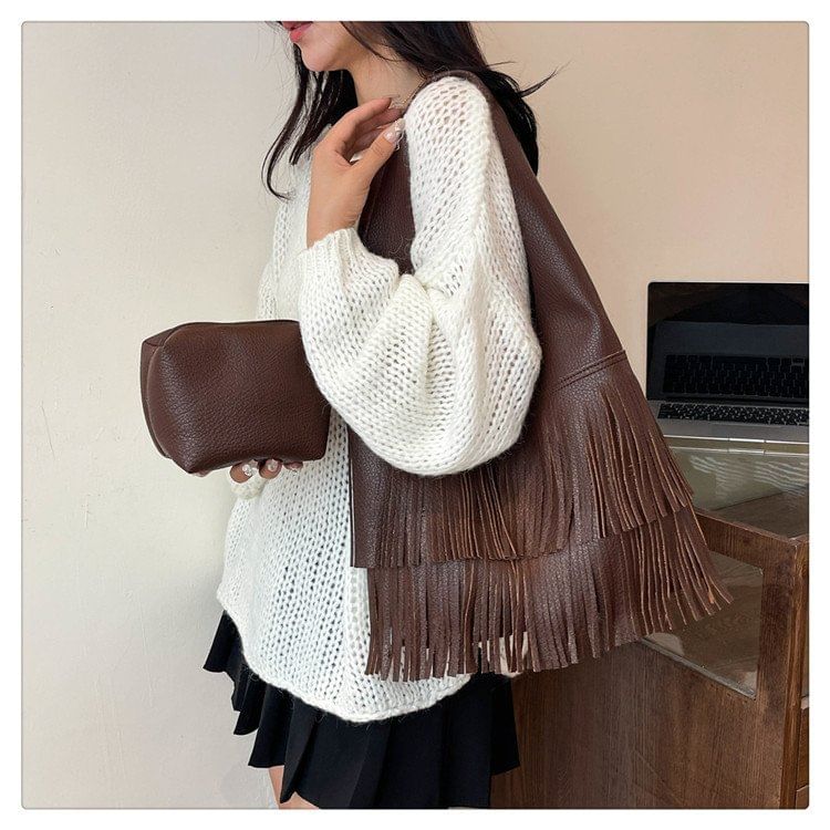 Tassel Faux Leather Tote Bag SpreePicky