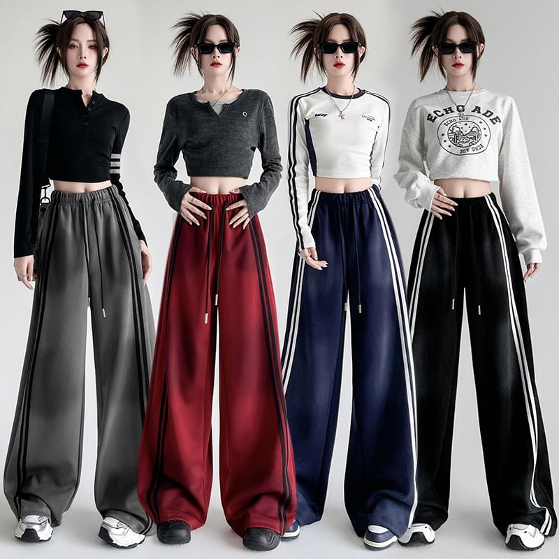 Drawstring Waist Striped Wide Leg Sweatpants SpreePicky