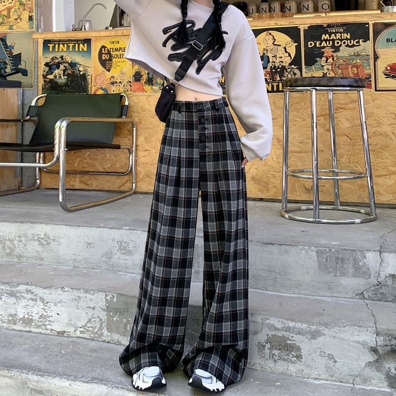 High Rise Plaid Wide Leg Dress Pants SpreePicky