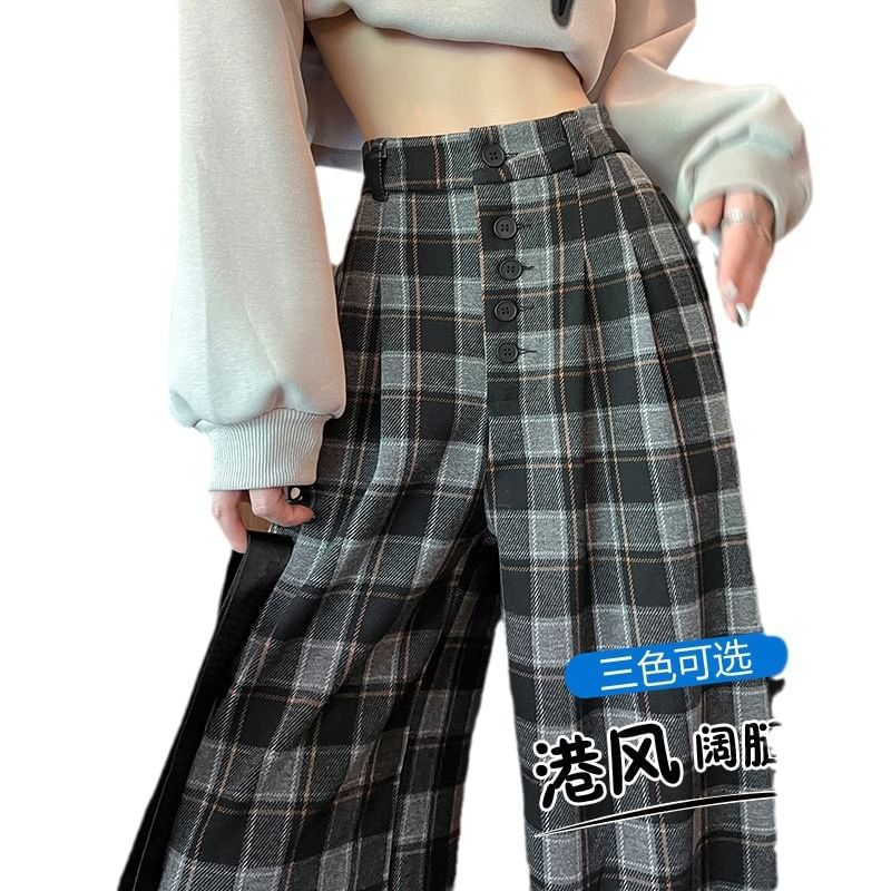 High Rise Plaid Wide Leg Dress Pants SpreePicky