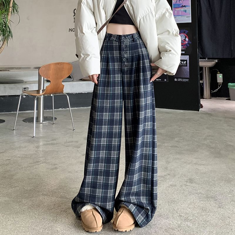 High Rise Plaid Wide Leg Dress Pants SpreePicky