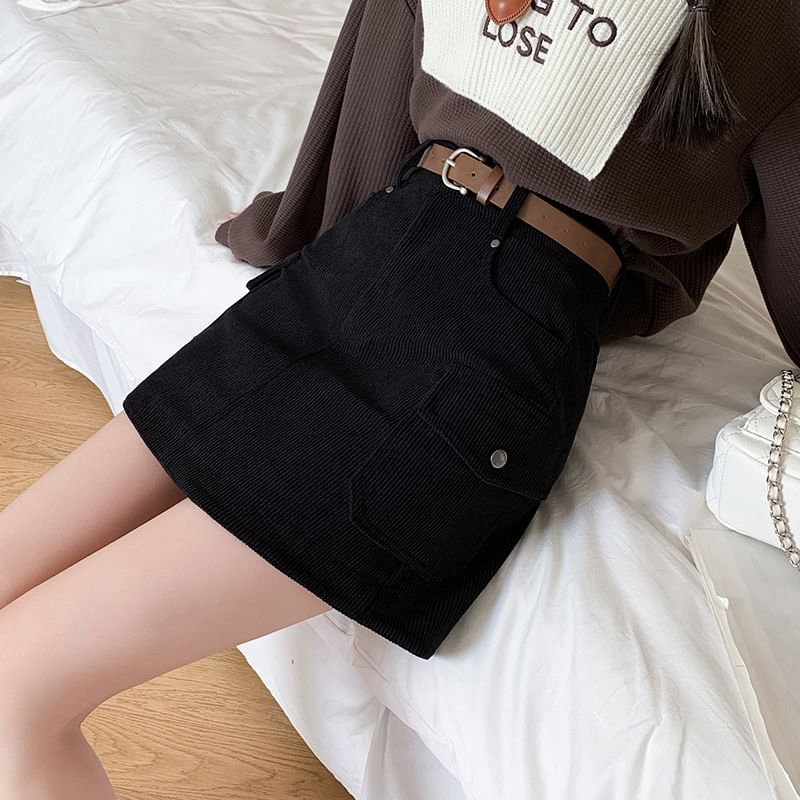 High Waist Plain Corduroy Mini A-Line Skirt SpreePicky