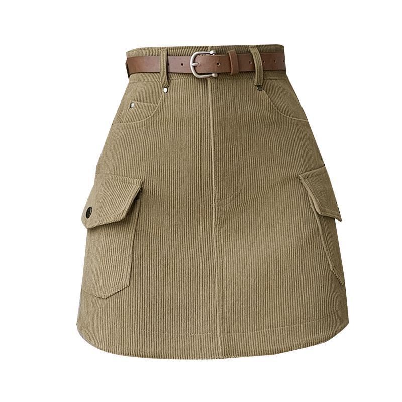 High Waist Plain Corduroy Mini A-Line Skirt SpreePicky