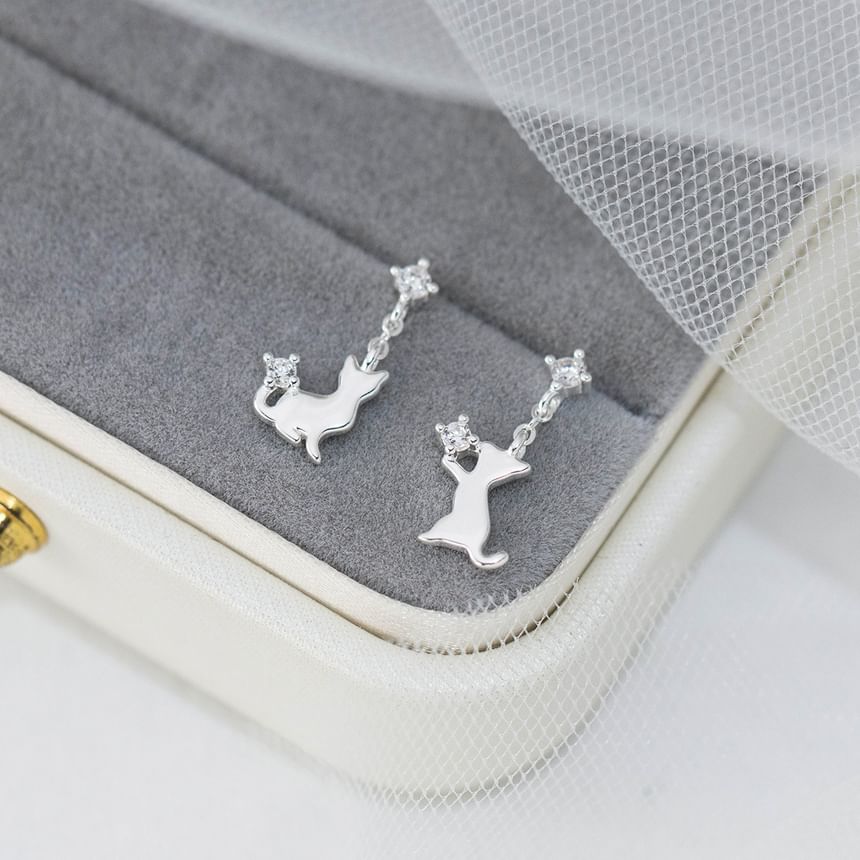 925 Sterling Silver Rhinestone Cat Asymmetrical Drop Earring SpreePicky