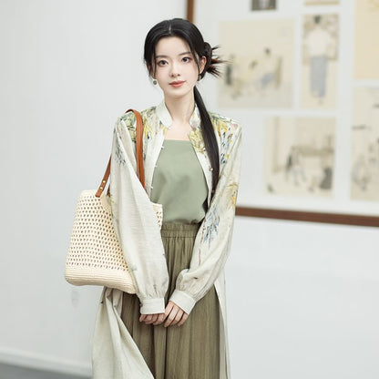 Hanfu Floral Long Cardigan / Plain Camisole Top / Wide Leg Pants / Set SpreePicky