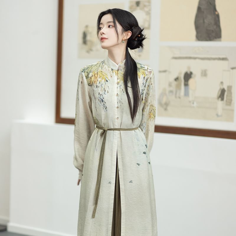 Hanfu Floral Long Cardigan / Plain Camisole Top / Wide Leg Pants / Set SpreePicky