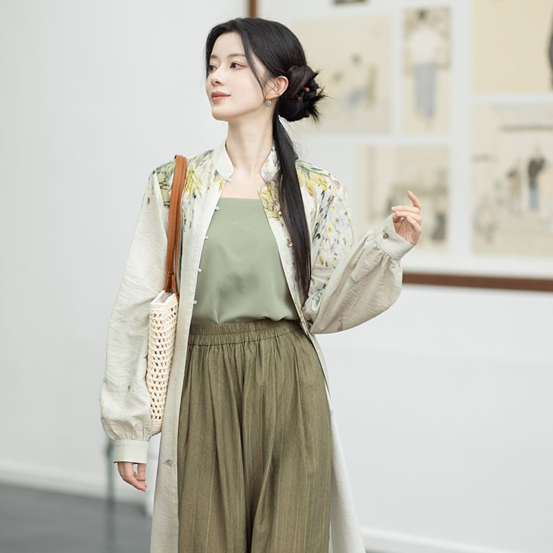 Hanfu Floral Long Cardigan / Plain Camisole Top / Wide Leg Pants / Set SpreePicky