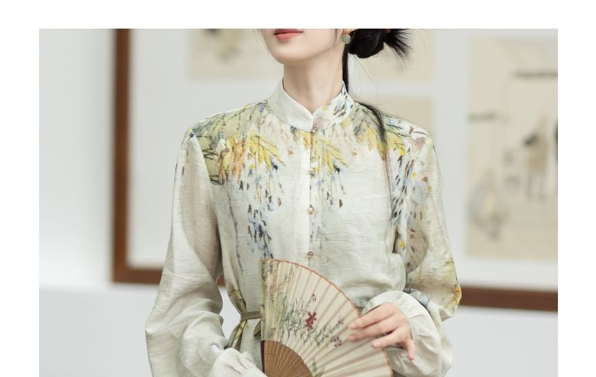 Hanfu Floral Long Cardigan / Plain Camisole Top / Wide Leg Pants / Set SpreePicky