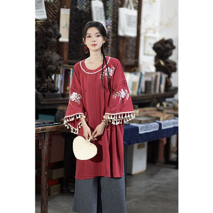 3/4-Sleeve Round Neck Embroidered Hanfu Top / Wide Leg Pants / Set SpreePicky