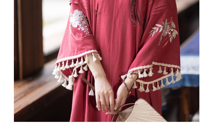 3/4-Sleeve Round Neck Embroidered Hanfu Top / Wide Leg Pants / Set SpreePicky