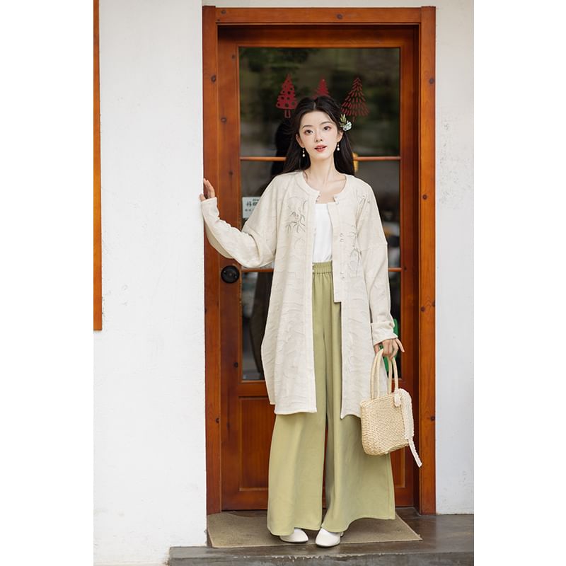 Hanfu Flower Open Front Jacket / Wide Leg Pants / Set SpreePicky