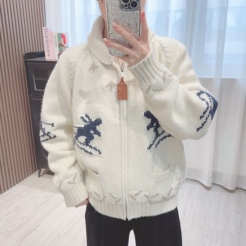 Deer Print Hooded Zip Cardigan SpreePicky