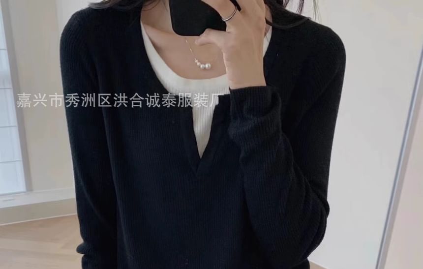 Notch Neck Two Tone Mock Two-Piece Sweater mySite