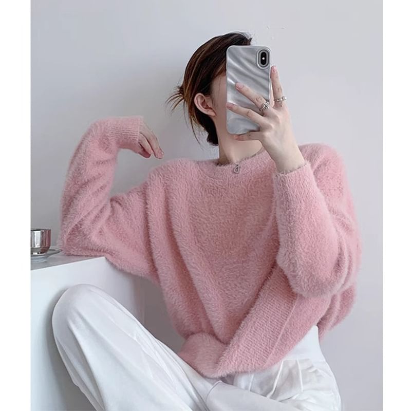 Round Neck Plain Fluffy Sweater SpreePicky