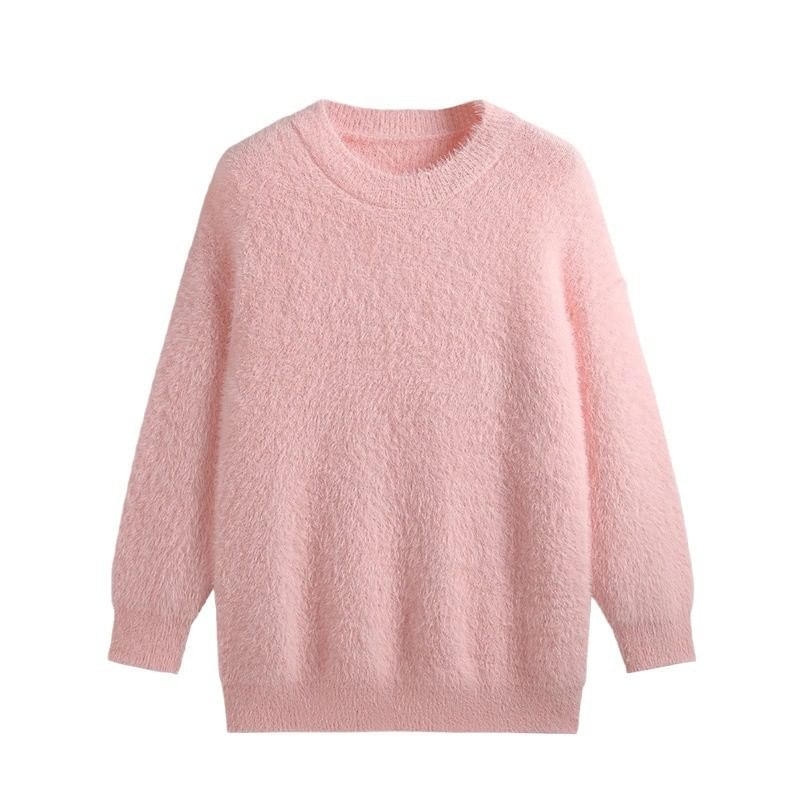 Round Neck Plain Fluffy Sweater SpreePicky