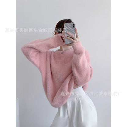 Round Neck Plain Fluffy Sweater SpreePicky