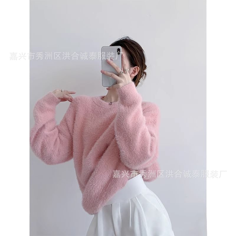 Round Neck Plain Fluffy Sweater SpreePicky