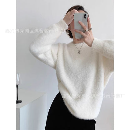 Round Neck Plain Fluffy Sweater SpreePicky