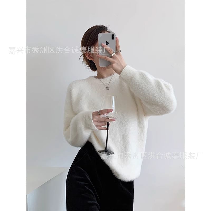 Round Neck Plain Fluffy Sweater SpreePicky