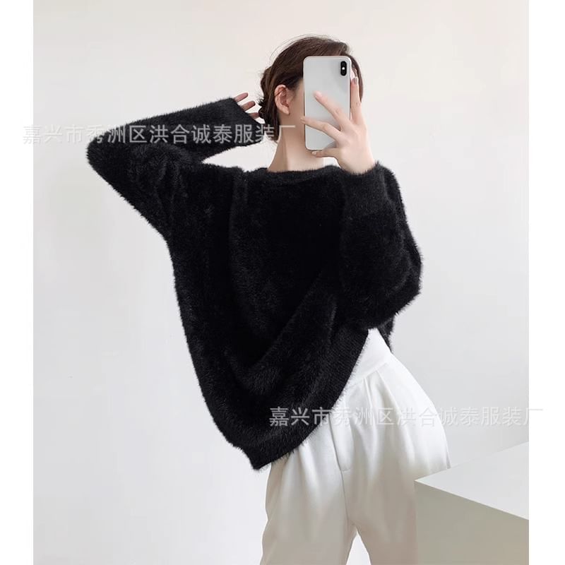 Round Neck Plain Fluffy Sweater SpreePicky