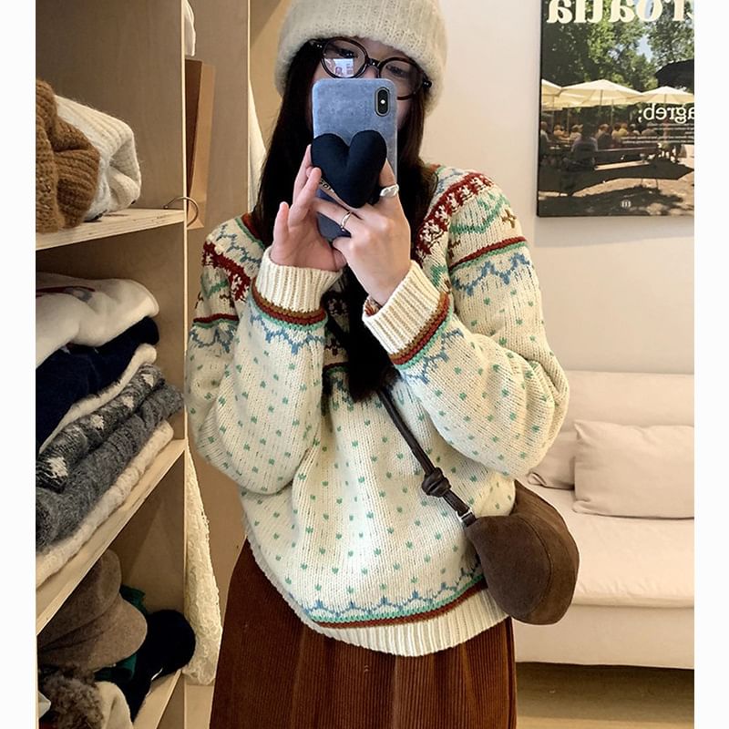 Crew Neck Patterned Sweater SpreePicky