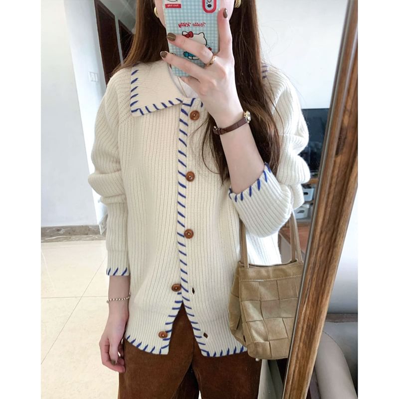 Collar Plain Contrast Stitching Ribbed Cardigan SpreePicky