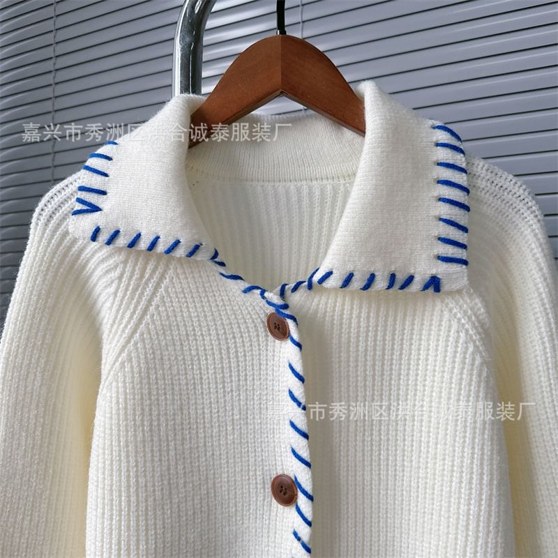 Collar Plain Contrast Stitching Ribbed Cardigan SpreePicky