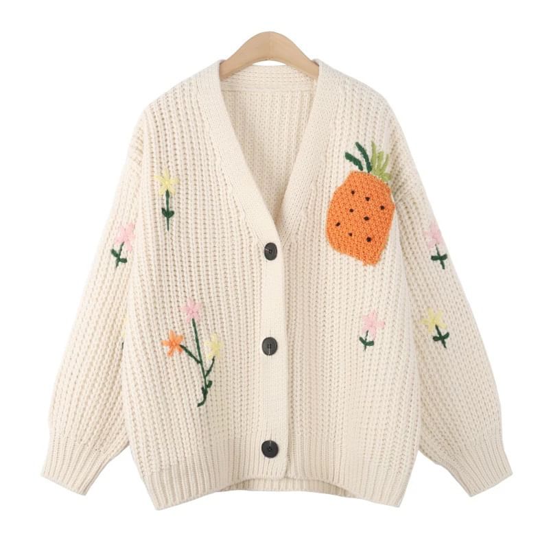 V-Neck Flower Embroidered Chunky Knit Cardigan SpreePicky