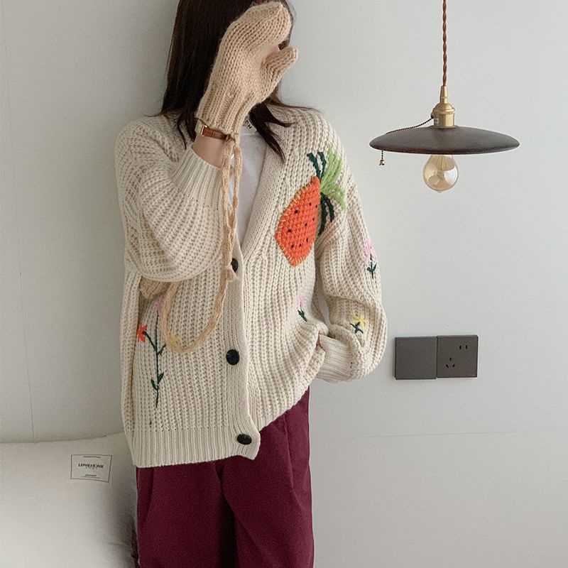 V-Neck Flower Embroidered Chunky Knit Cardigan SpreePicky