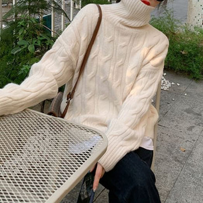 Turtleneck Cable-Knit Loose Sweater SpreePicky