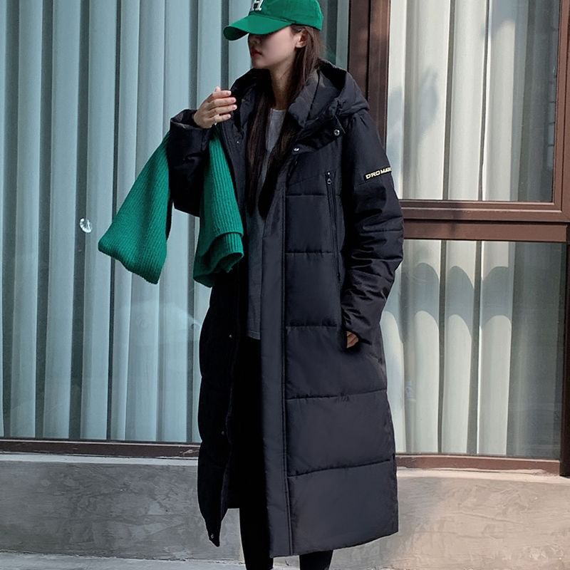 Stand Collar Lettering Hood Midi Zip Puffer Coat SpreePicky