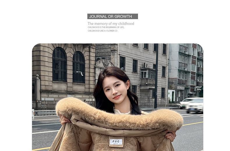 Fluffy Collar Plain Fleece-Lined Zip Puffer Parka SpreePicky