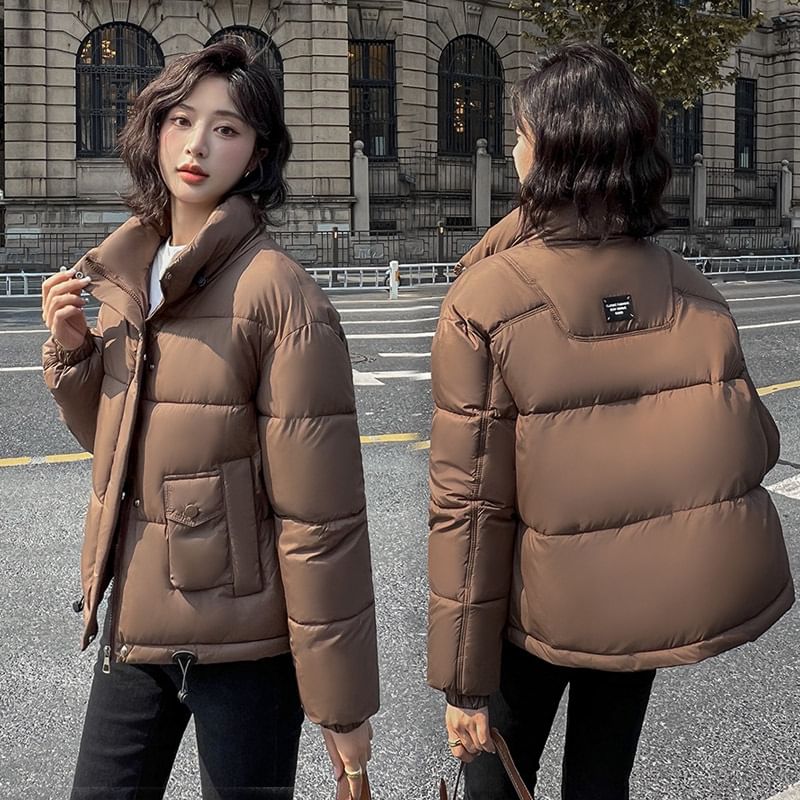 Stand Collar Plain Zip Puffer Jacket SpreePicky