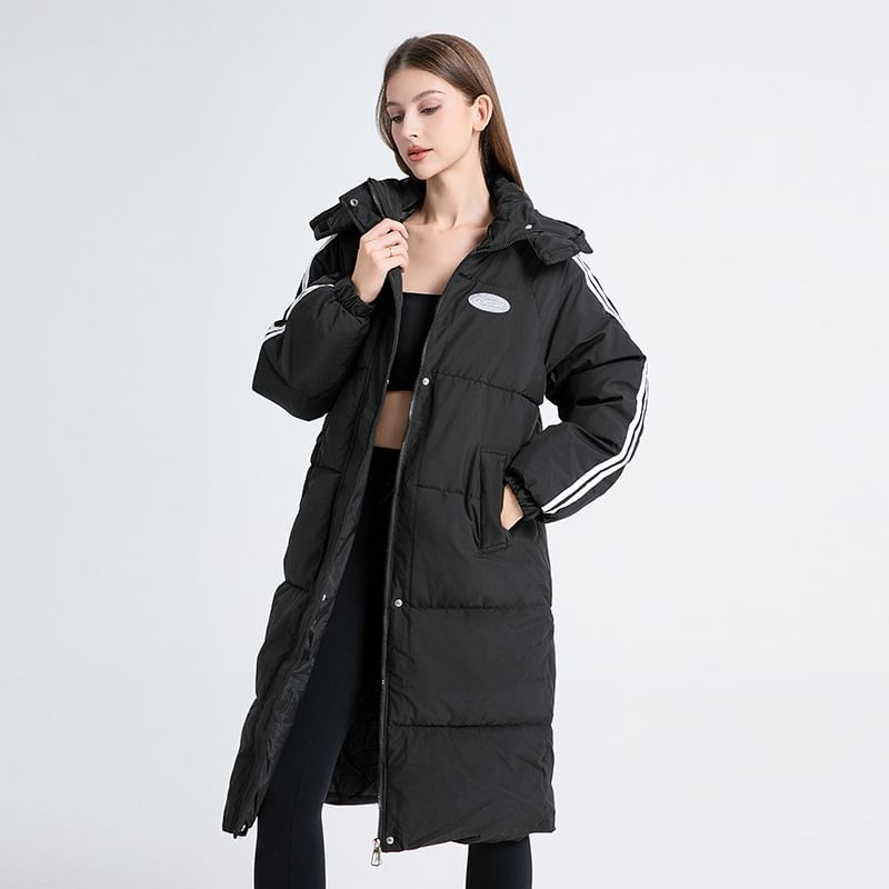 Stand Collar Striped Hood Midi Zip Puffer Coat SpreePicky