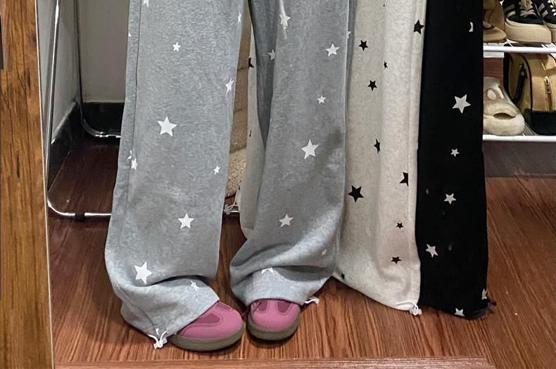 High Rise Star Print Loose-Fit Wide-Leg Sweatpants SpreePicky